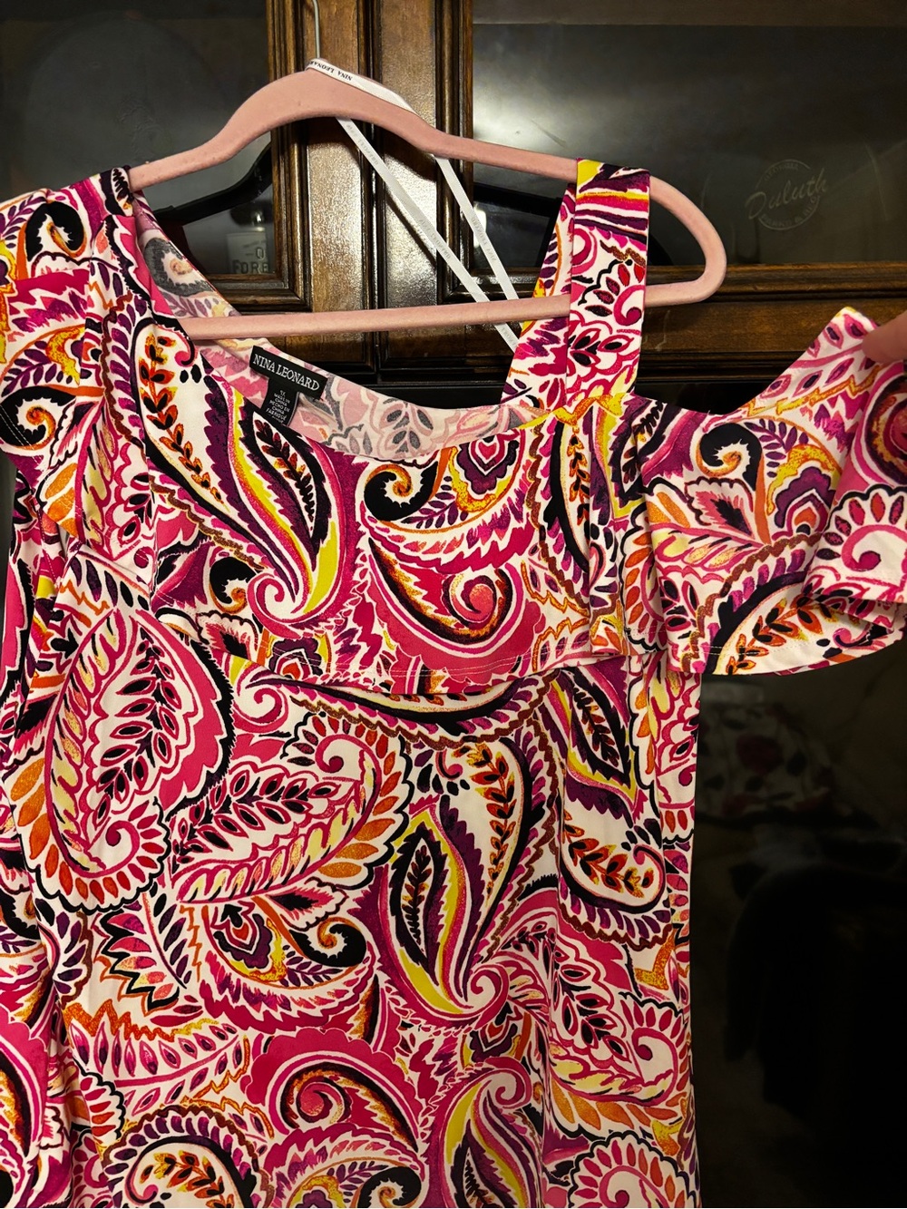 Nina Leonard Pink Paisley Cold-Shoulder Tunic and Wide Leg Pants